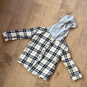 Carter's Hooded Plaid Button-Down Shirt Jacket - Cream, Black & Tan